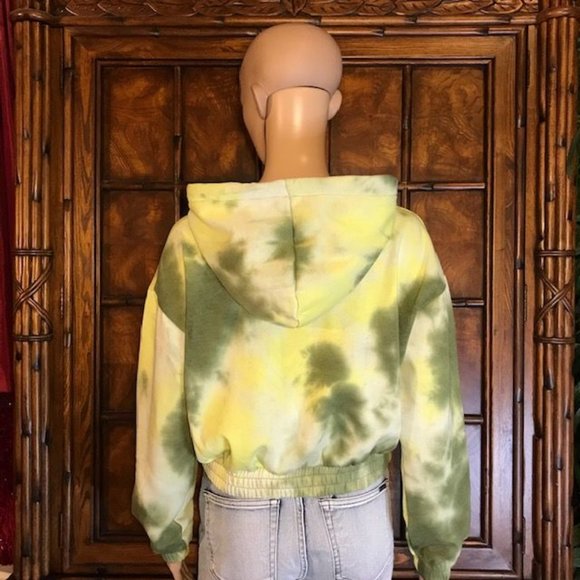 Tuscan Olive Fleece Lined Cotton Blend Cropped Tie Dye Sweatshirt Hoodie - Picture 4 of 14